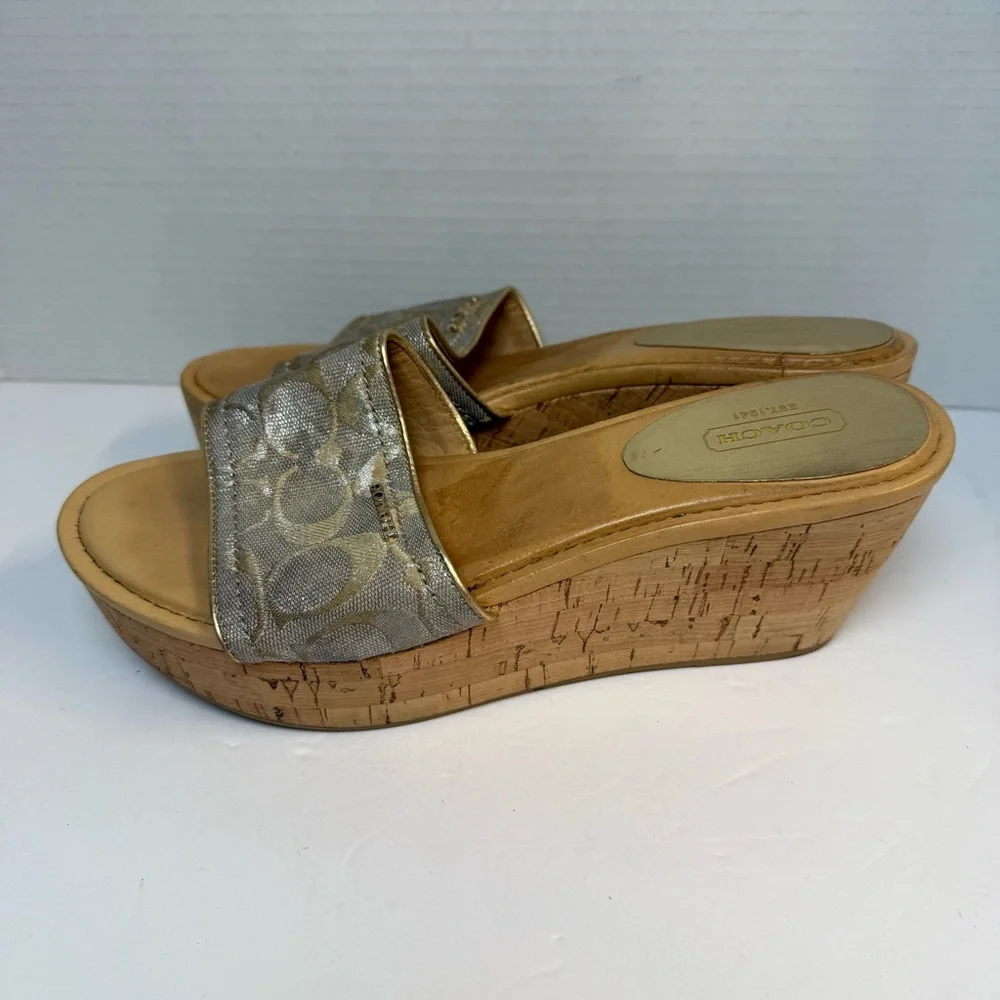 Coach Signature Gold Metallic‎ Cork Wedge Slides – Women’s size 9.5B